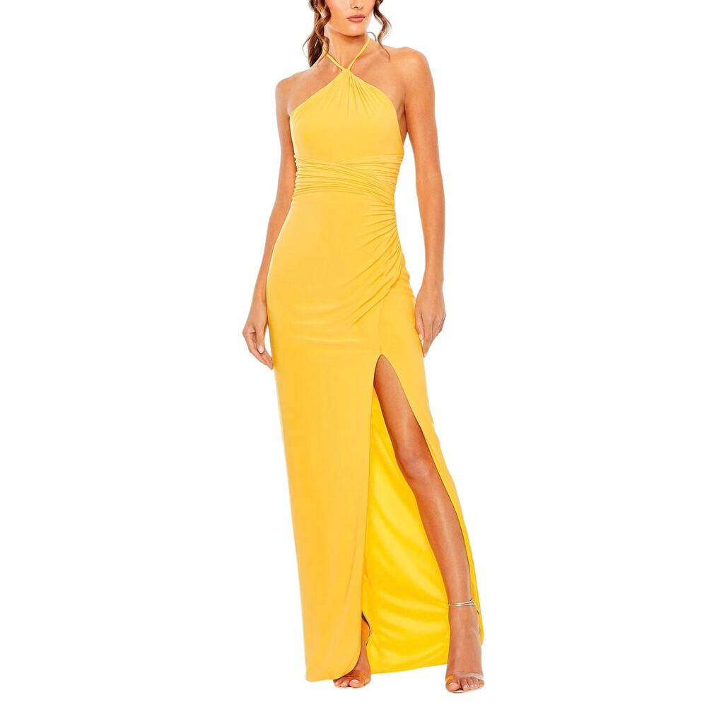 Mac Duggal 27122 Yellow Evening Gown Backless Halter Column Dress Size Medium